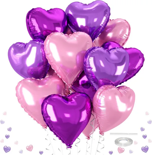 Vista 10 de Globos de corazón morado, 12 globos de aluminio iridiscentes de 18 pulgadas Púrpura iridiscente