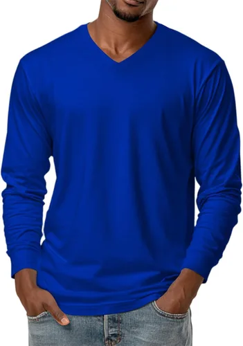Vista 12 de Camiseta para hombre, manga larga, cuello en V, color liso, informal, básica, suave, elástica, M-3XL