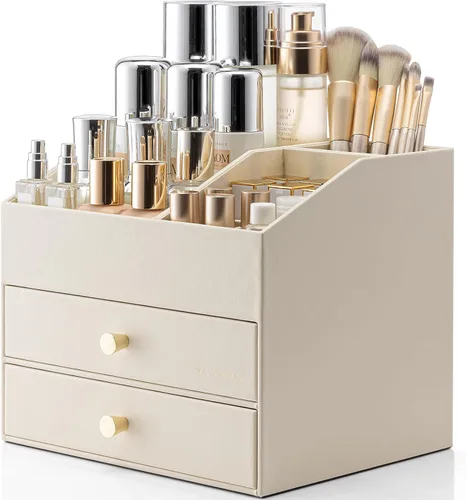 Vista 20 de Organizador de maquillaje Vlando, organizador para el cuidado de la piel para tocador, organizador de maquillaje de PU con cajones, estuche