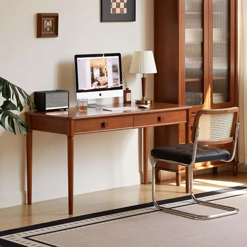 Vista 25 de Escritorio de madera maciza con acabado de nogal, escritorio pequeño para oficina en casa, escritorio de computadora para espacios pequeños
