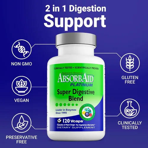 Vista 5 de AbsorbAid Soporte de enzimas digestivas de platino 120 vCaps, 12 enzimas digestivas más 2 probióticos para un máximo alivio