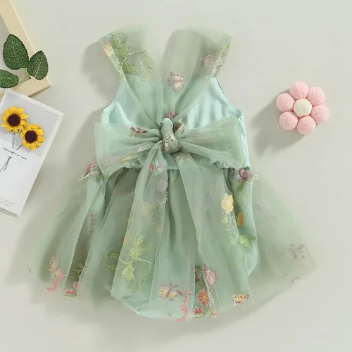 Vista 3 de Vestido de verano para bebé niña, con tirantes ajustables, sin espalda, bordado floral, tutú de cumpleaños