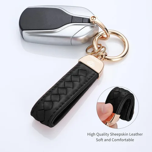 Vista 4 de Hamdecro Llavero de cuero genuino para automóvil, llaves de oveja tejidas a mano para mujeres, soporte universal para llavero con rotación de 360