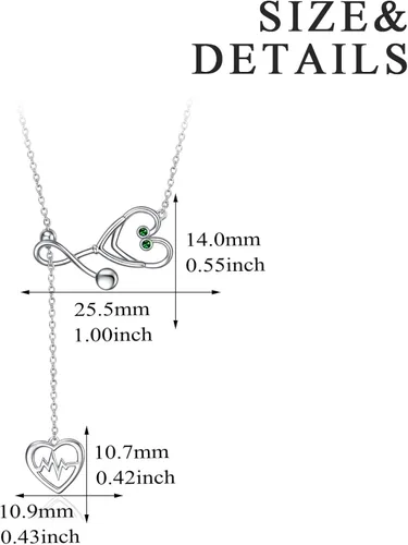 Vista 3 de Yfn Collar con dije de estetoscopio, con diseño del caduceo médico, de plata esterlina, de 18.0 pulgadas