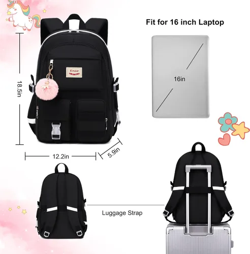 Vista 4 de Mochila para niñas, mochila escolar para laptop de 15.6 pulgadas, mochila grande para primaria, primaria, escuela media, mochilas para niños