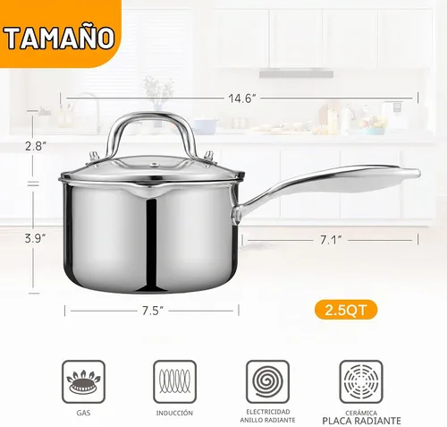 Vista 2 de Cacerola de acero inoxidable con tapa de vidrio templado, olla multiusos de 2.5 cuartos de galón, olla para verter fácilmente con mango ergonómico