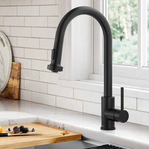 Vista 27 de KRAUS Bolden - Grifo de cocina de estilo comercial con mango individual de dos funciones desplegable en bronce champán antiguo libre de manchas