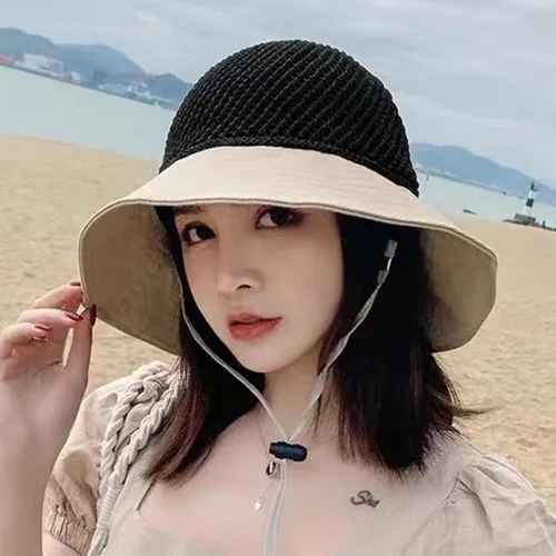Vista 2 de YOLAI Sombrero de ala ancha para mujer, sombrero de sol de playa con protección UPF 50+, correa ajustable, gorra de vacaciones Beige