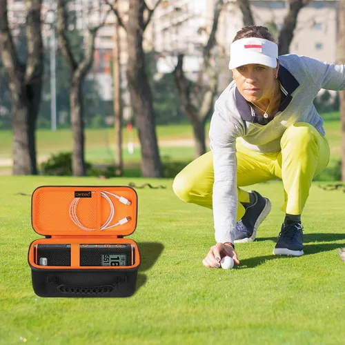 Vista 7 de Canboc Estuche rígido de transporte para altavoz GPS Bushnell Wingman View Golf, bolsillo de malla para cables de carga y accesorios, negro+naranja