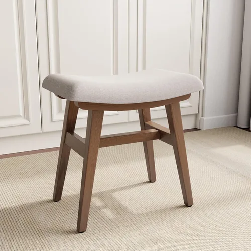 Vista 12 de Taburete de tocador pequeño de madera maciza, silla de maquillaje compacta con cojín de sillín, asiento de esponja de alto rebote cubierto de lino