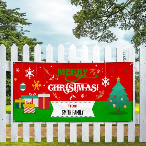 Vista 6 de Custom Vinyl Banner Sign Multiple Sizes Merry Christmas From Name A Lifestyle Personalized Marketing Advertising Red 4 Grommets 24inx60in One Banner