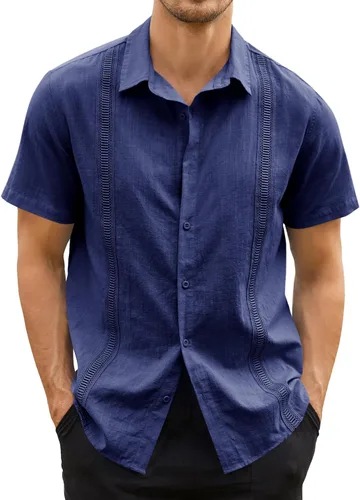 Vista 2 de Hestenve Guayabera - Camisas casuales de lino y algodón con botones de manga corta para hombre, camisa hawaiana cubana de verano, playa, trabajo
