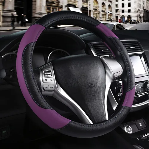Vista 13 de Funda de cuero para volante de auto, protector antideslizante para volante de auto de cuero de microfibra transpirable, ajuste universal