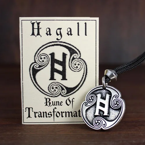 Vista 2 de Collar con colgante de runa de transformación Hagall Haglaz Hagalaz de peltre nórdico