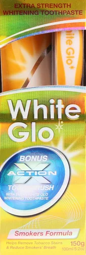 Vista 2 de White Glo Smokers Formula Pasta de dientes blanqueadora con cepillo de dientes Bonus X Action, 5.2 onzas