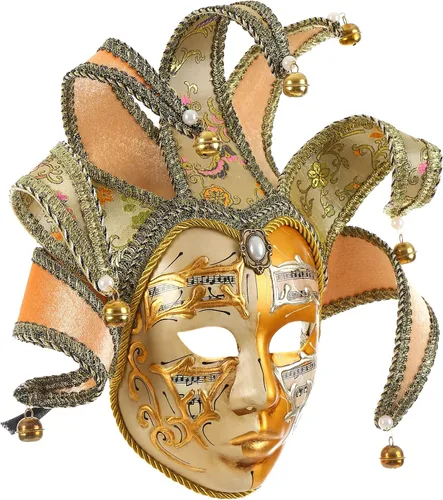 Vista 2 de Máscara de bufón veneciano para mascarada, máscara de música Mardi Gras para pared, colección de arte decorativo Dorado