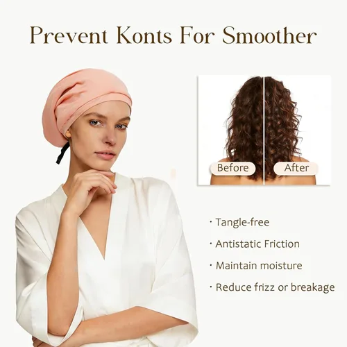 Vista 2 de 2 gorros de seda ajustables para dormir, gorro de dormir con forro de satén para mujeres y hombres, gorro de seda para el cabello holgado. Rosa