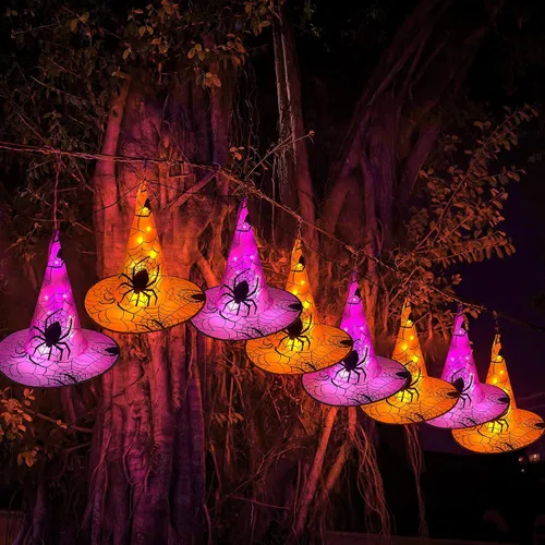 Vista 7 de WATERGLIDE Decoraciones de Halloween, 8 sombreros de bruja colgantes iluminados, con 8 modos de iluminación, cadena de luces de Halloween de 16