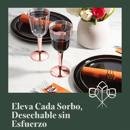 Vista 2 de 50 copas de vino desechables de plástico con borde de oro rosa, tamaño grande, 9.98 oz. BloominGoods - Vasos para bodas y eventos