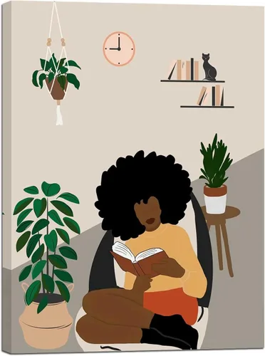 Vista 16 de Arte de pared bohemio afroamericano, pintura impresa enmarcada de mujeres negras, póster de amante de libros, impresión en lienzo de niña negra