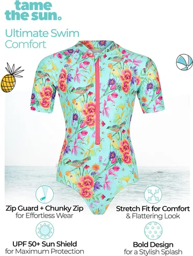 Vista 4 de Tame the Sun Traje de baño de manga larga para niña, con volantes, UPF 50+ con cremallera, traje de baño para edades de 3 a 12 años