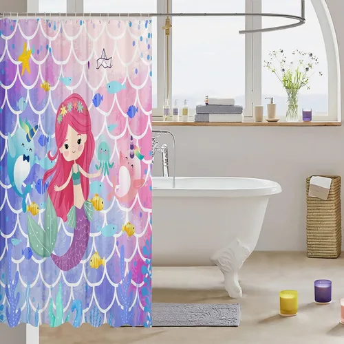 Vista 3 de Cortina de ducha de sirena, decoración de baño con escala de acuarela, habitación para niños y niñas, mujeres, caricaturas, delfín, pulpo
