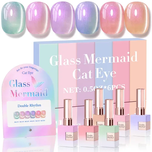 Vista 48 de Double Rhythm - Juego de esmalte de uñas de gel ojo de gato de 6 unidades, mismo color, misma botella, 14.8 ml, brillo con glitter, con imán Aurora