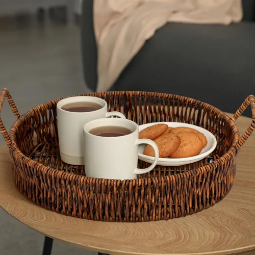 Vista 2 de Ferraycle Bandeja de ratán para servir con asas, bandeja de mimbre tejida, redonda, poco profunda, bandeja de frutas para servir (marrón oscuro)