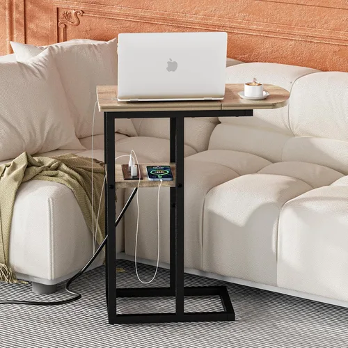 Vista 5 de eiskah - Mesa de extremo C con estación de carga, mesa lateral en forma de C para sofá, mesa para sala de estar, dormitorio, mesa para laptop
