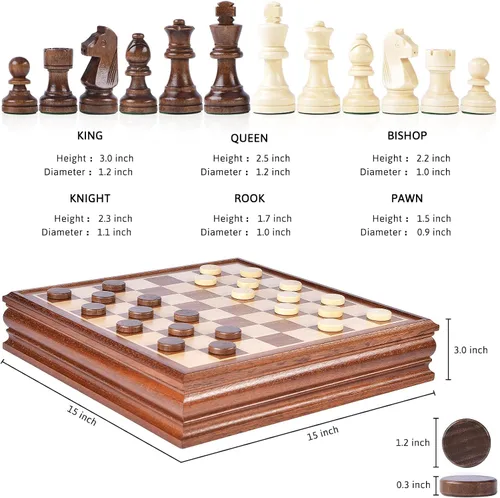 Vista 3 de VAMSLOVE Juegos de mesa de ajedrez y damas para adultos, tablero de madera de lujo de 15 pulgadas con caja de almacenamiento, tamaño grande clásico
