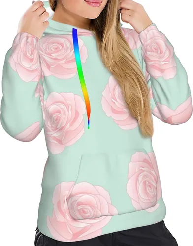 Vista 6 de BcoDoN Womens Pink Rose On Green Hoodies Sweatshirt Hooded Pullover Tops For Ladies