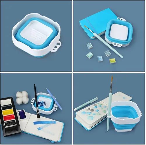 Vista 7 de 1 cubo limpiador de pinceles de silicona, taza de acuarela plegable portátil para artistas, principiantes y pintores decorativos (azul)