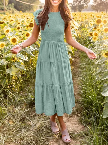Vista 2 de MEROKEETY - Vestido midi fruncido de manga corta para mujer, vestido de verano casual, acampanado, con cintura elástica y escalonado