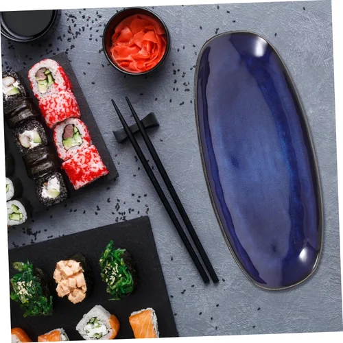 Vista 6 de DOITOOL Plato rectangular azul plato de cerámica para sushi bandeja de pescado plato de aperitivos plato de fruta Plato azul marino