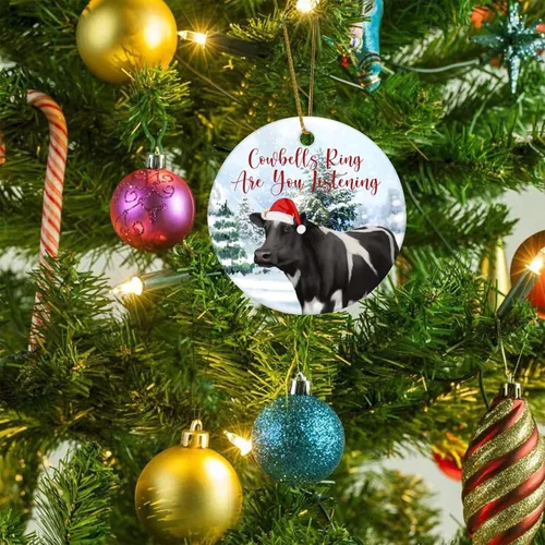 Vista 5 de Adorno redondo de cerámica de Navidad de recuerdo, anillo de campanas de cerveza, animal de vaca, árbol de nieve, adorno de 3 pulgadas para fiesta