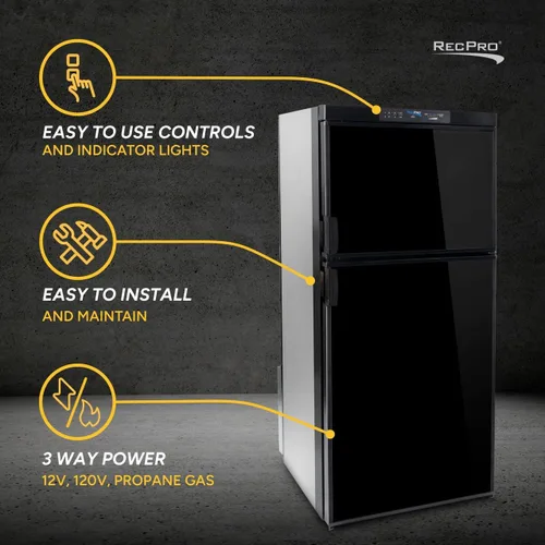 Vista 7 de Refrigerador RecPro RV 6.3 pies cúbicos de gas y eléctrico Acabado negro o acero inoxidable 110V / 12V / Gas propano (Acabado negro)