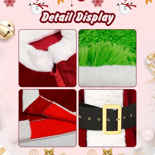 Vista 6 de Saiksi Disfraz de monstruo verde para adulto, disfraz de Papá Noel peludo verde navideño para hombre, 9 piezas divertido traje de Papá Noel