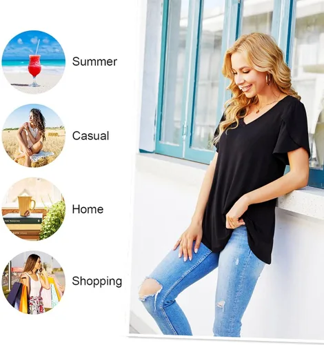Vista 5 de CATHY - Camisetas informales de verano 2022 para mujer camisetas de manga corta con cuello en V y pétalos blusa holgada y cómoda ligera y bonita