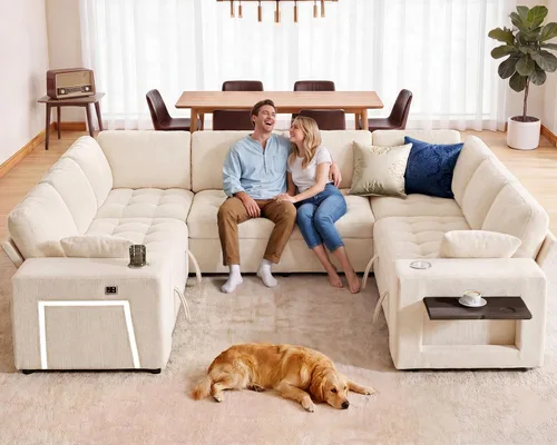 Vista 6 de Vipbear Sofá cama modular de 111 pulgadas, sofá cama modular de 8 asientos con cama extraíble, sofá en forma de L de felpilla con otomana de Beige