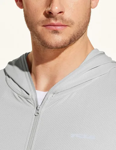 Vista 7 de TSLA Sudadera con capucha de manga larga UPF 50+ para hombre, con cremallera frontal, rendimiento UVSPF, ligera, para correr, pescar