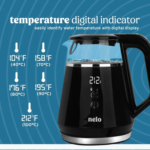 Vista 3 de NELO Hervidor eléctrico con 5 ajustes preestablecidos de control de temperatura, pantalla digital grande de temperatura, luces indicadoras LED