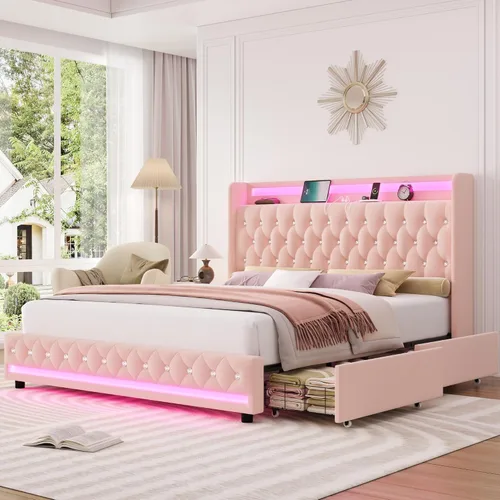 Vista 15 de HIFIT Marco de cama tapizada tamaño individual LED con cabecera de estación de carga y 4 cajones de almacenamiento, marcos de cama de plataforma