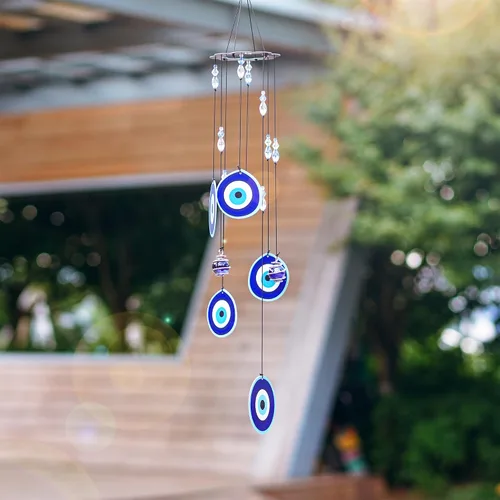 Vista 7 de YU FENG Carillón de viento con ojo maligno azul para exteriores, adorno colgante de 19" de metal, campanillas de viento para jardín al aire libre