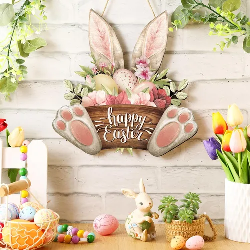 Vista 2 de Barydat 1 corona de Pascua para puerta delantera, conejo de bienvenida, letrero de madera, decoración de primavera, placa colgante de Pascua