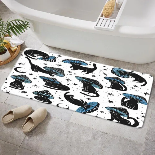 Vista 7 de MERCHR Tapete de baño con diseño de hongo y gato divertido para baño, estética, única, divertida, divertida, azul, tapete antideslizante, para baño