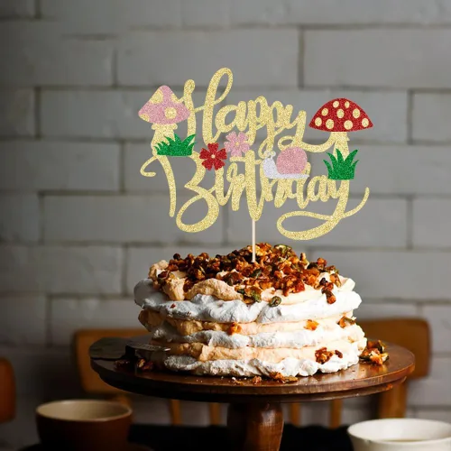 Vista 7 de Kaoenla Decoración para tartas de hongos con purpurina, hongos y flores en primavera, el tema, decoraciones de feliz cumpleaños para niñas y niños