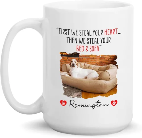 Vista 21 de Taza de café blanca personalizada con foto, con texto en inglés «To The World's Best Dog Dad We Woof You», taza de café blanca de 11 onzas y 15