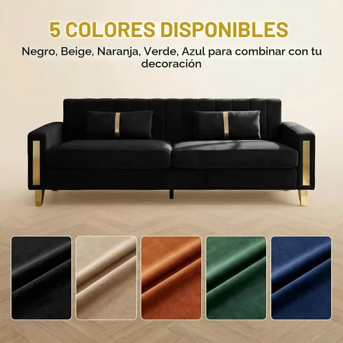 Vista 6 de Juego de sofá de 85 pulgadas, sofá de terciopelo con 2 almohadas y patas doradas, marco resistente de 750 libras, sofá moderno para dormitorio Negro