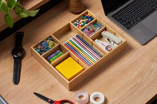 Vista 6 de Organizador de cajones de escritorio, bandeja organizadora de madera de bambú con compartimentos ajustables, accesorios de escritorio de oficina