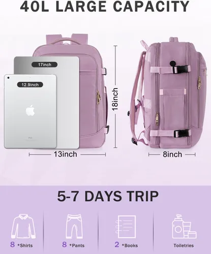 Vista 3 de Mochila de viaje para mujeres y hombres, mochila aprobada para vuelos de 40 L, bolsa de viaje para artículos personales con múltiples bolsillos
